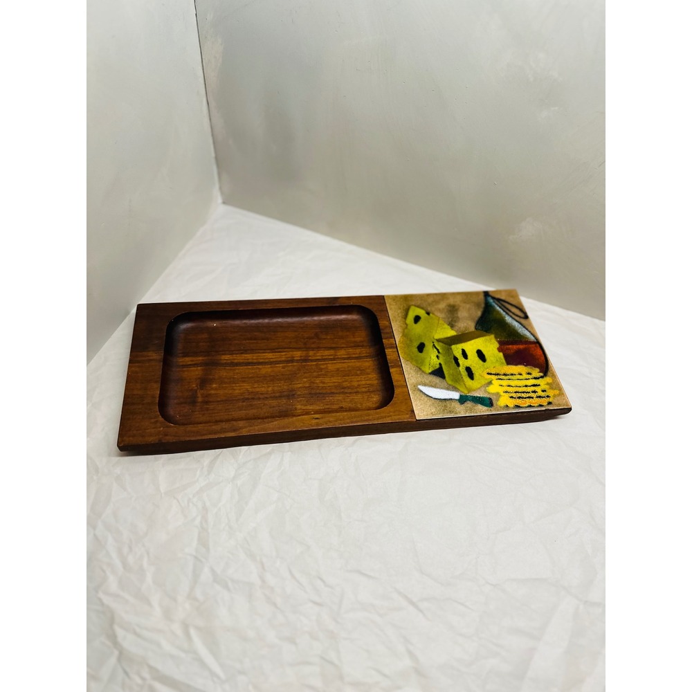 mcm serving tray appetizer teak enamel painted copper cheese tile 16x6in